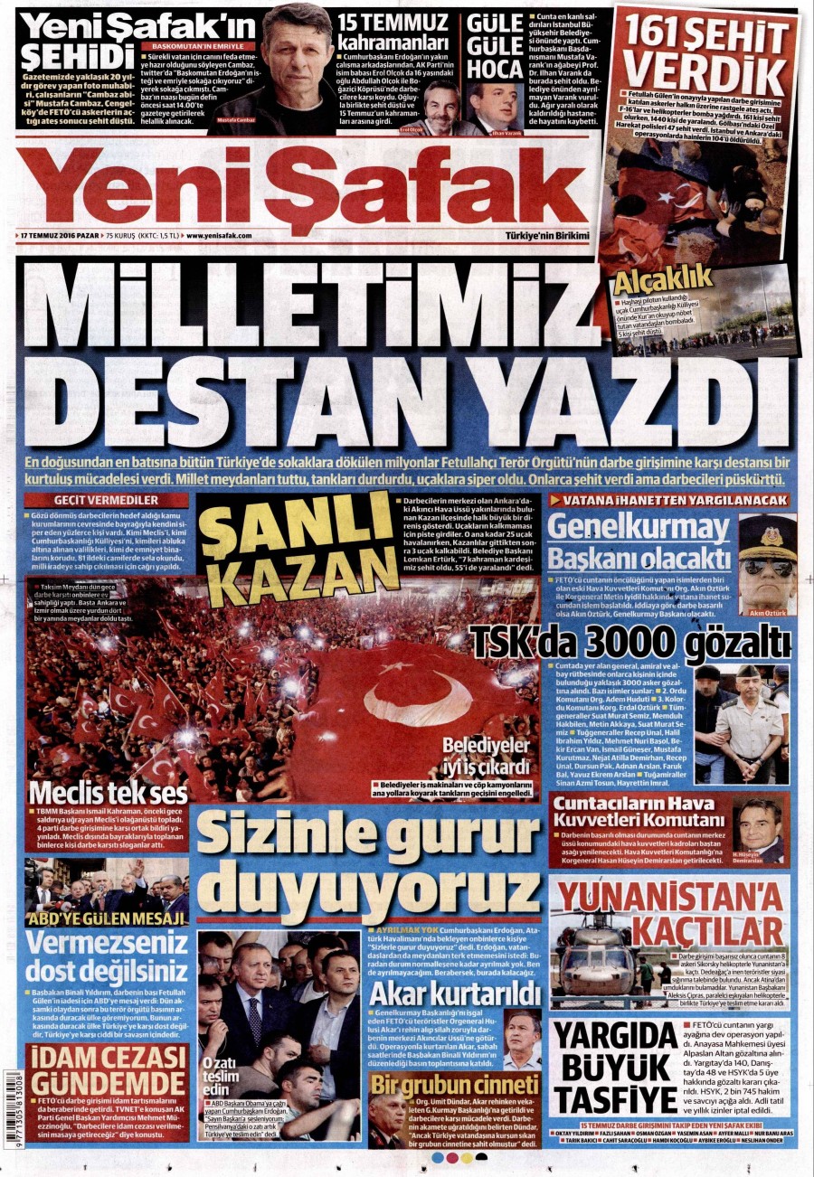 Darbe girişimi sonrası gazete manşetleri - 601