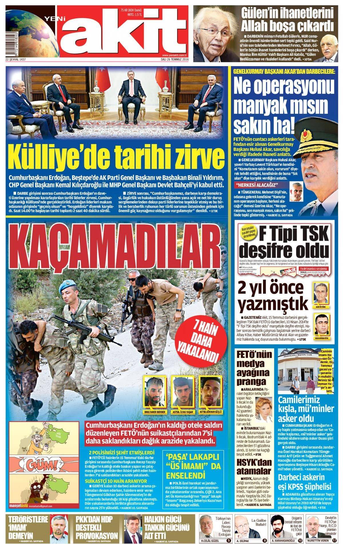 26 Temmuz 2016 gazete manşetleri - 867