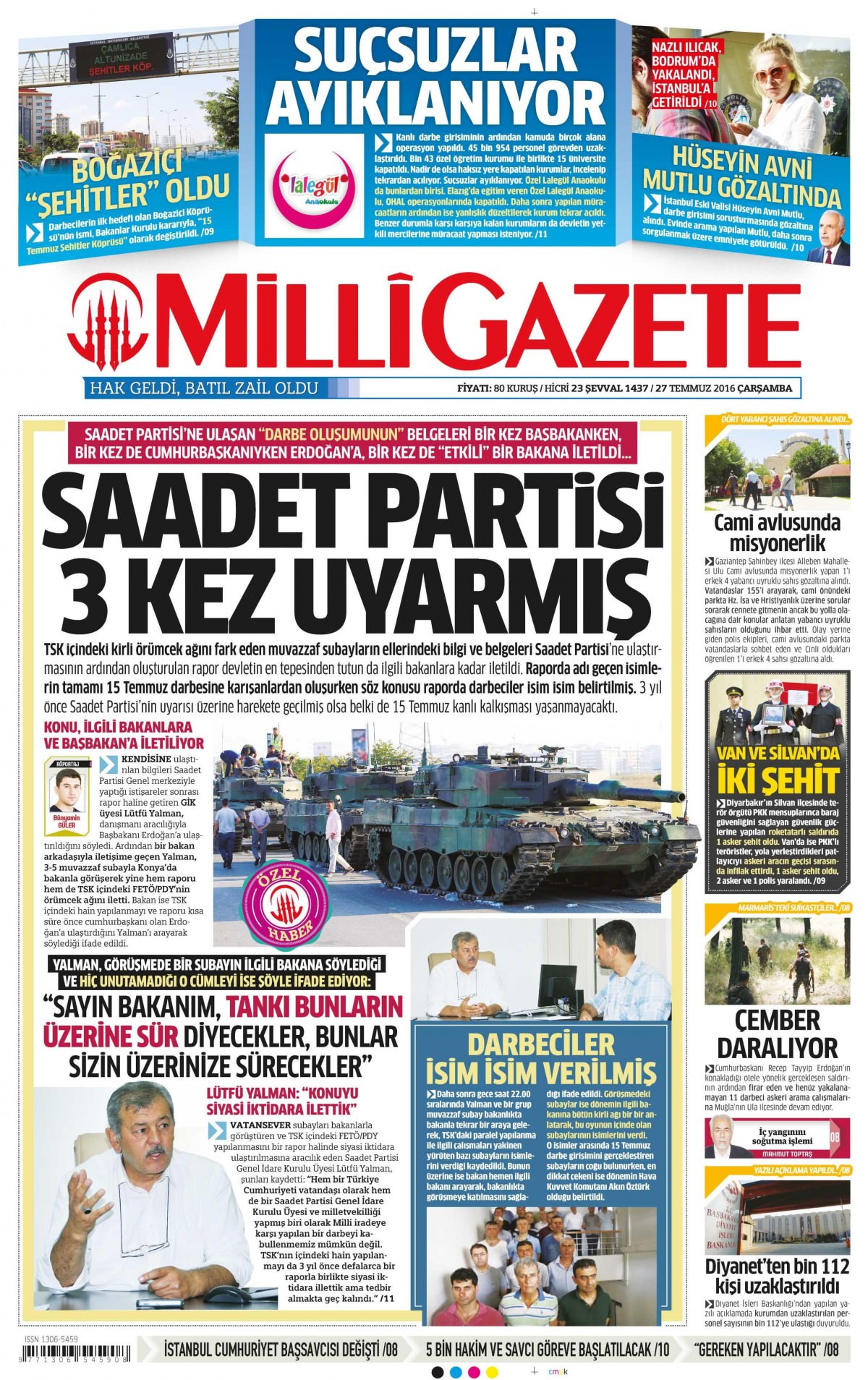 27 Temmuz 2016 gazete manşetleri - 800