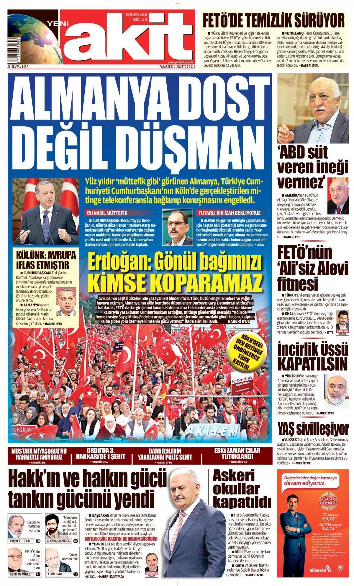1 Ağustos 2016 gazete manşetleri - 604