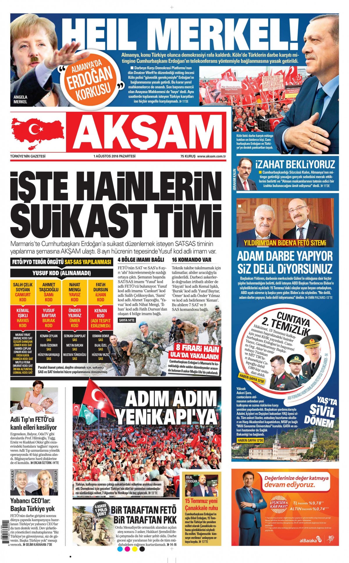 1 Ağustos 2016 gazete manşetleri - 700