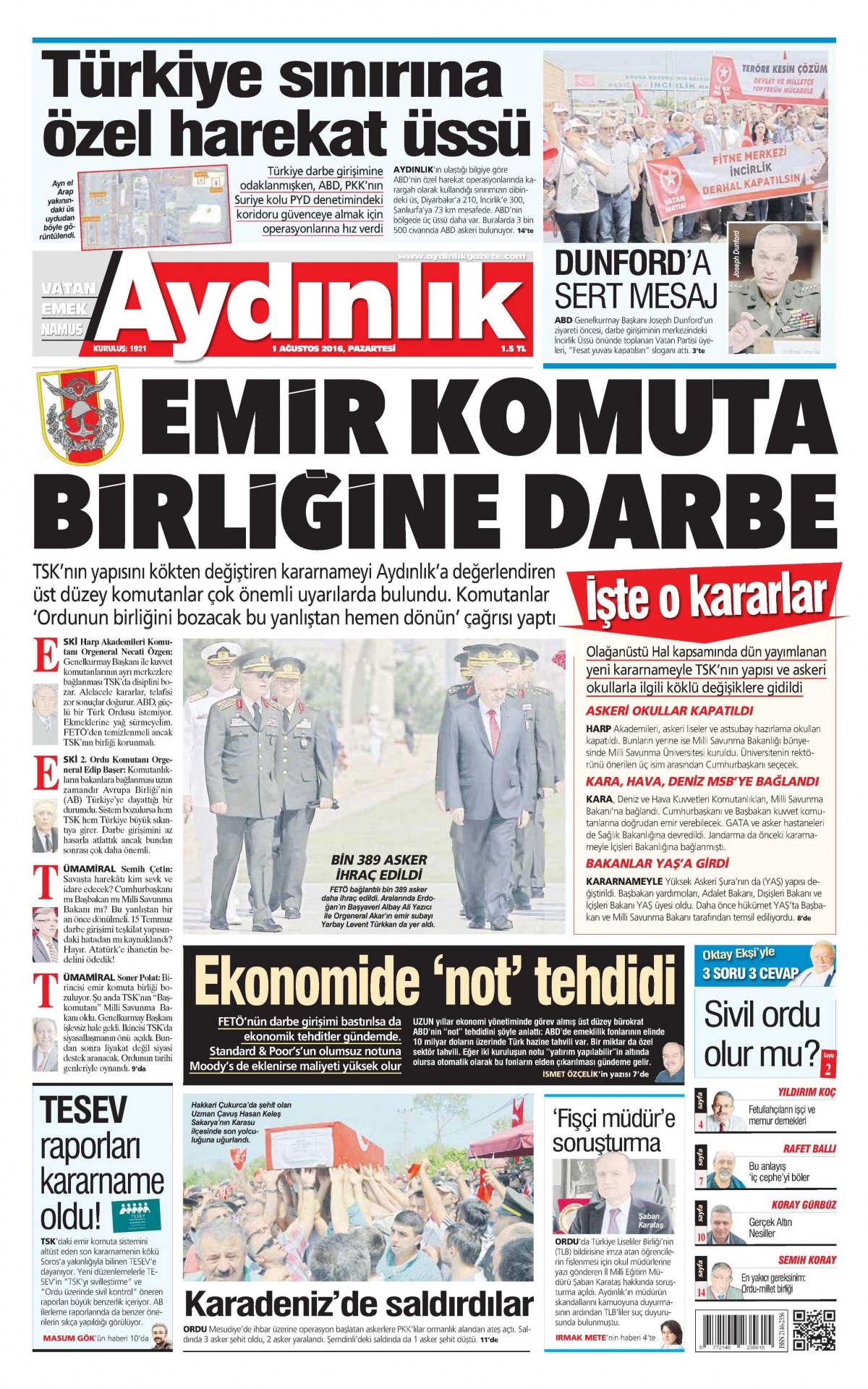 1 Ağustos 2016 gazete manşetleri - 670