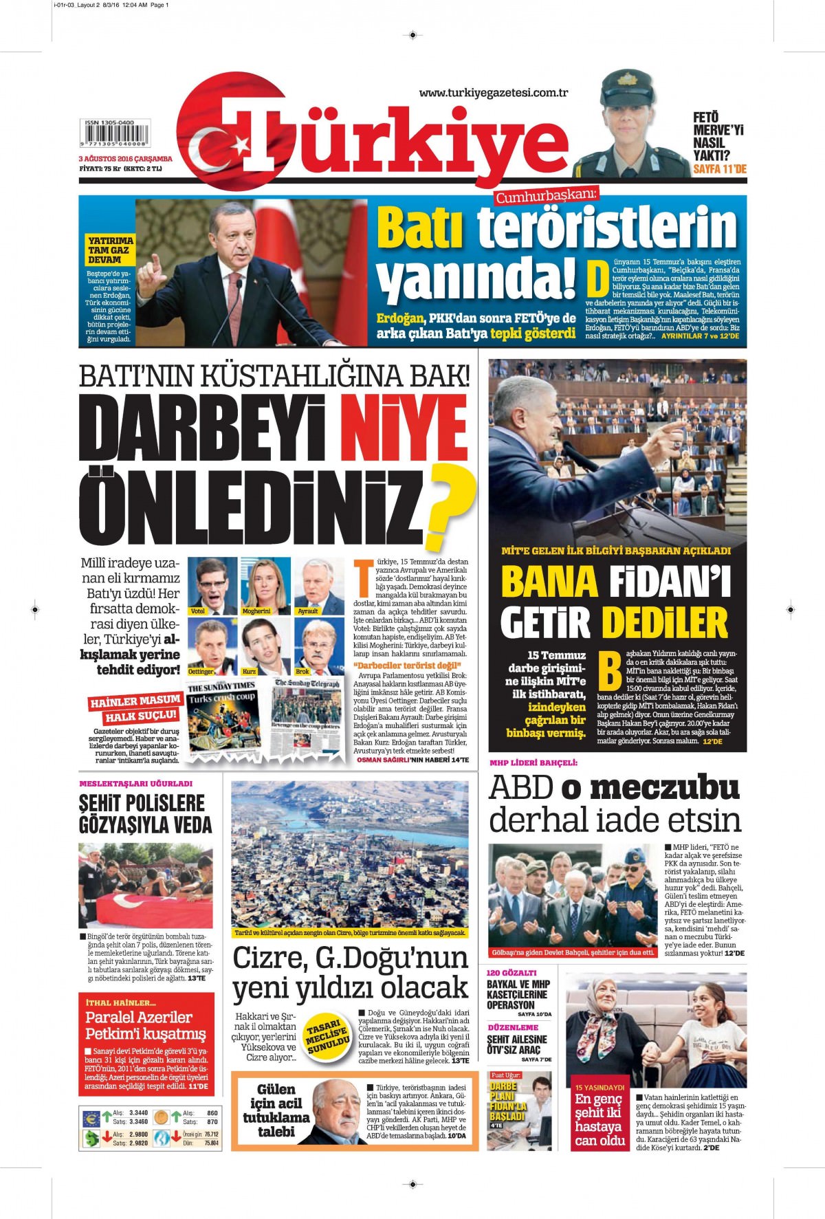 3 Ağustos 2016 gazete manşetleri - 760