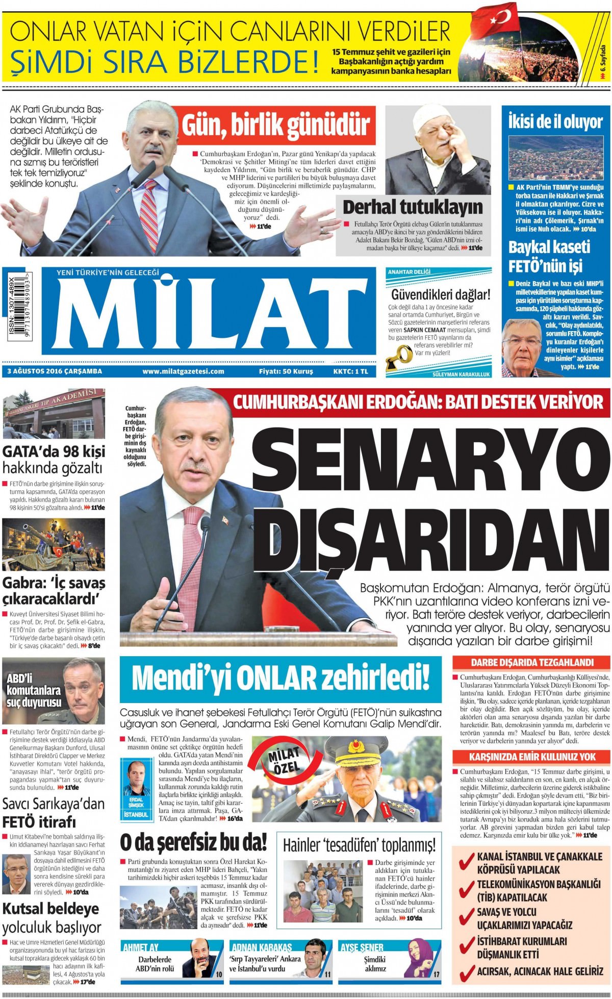 3 Ağustos 2016 gazete manşetleri - 945