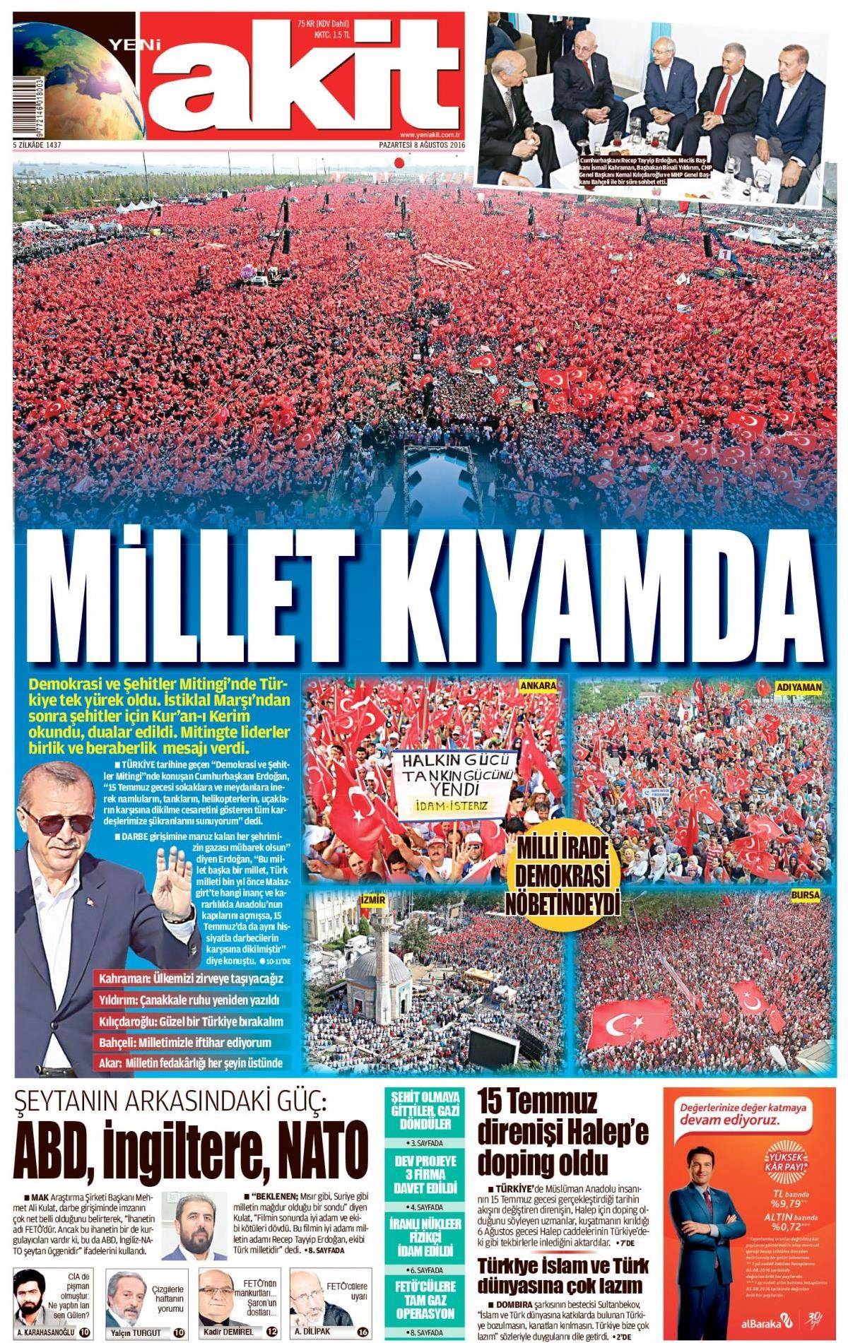 8 Ağustos 2016 gazete manşetleri - 713