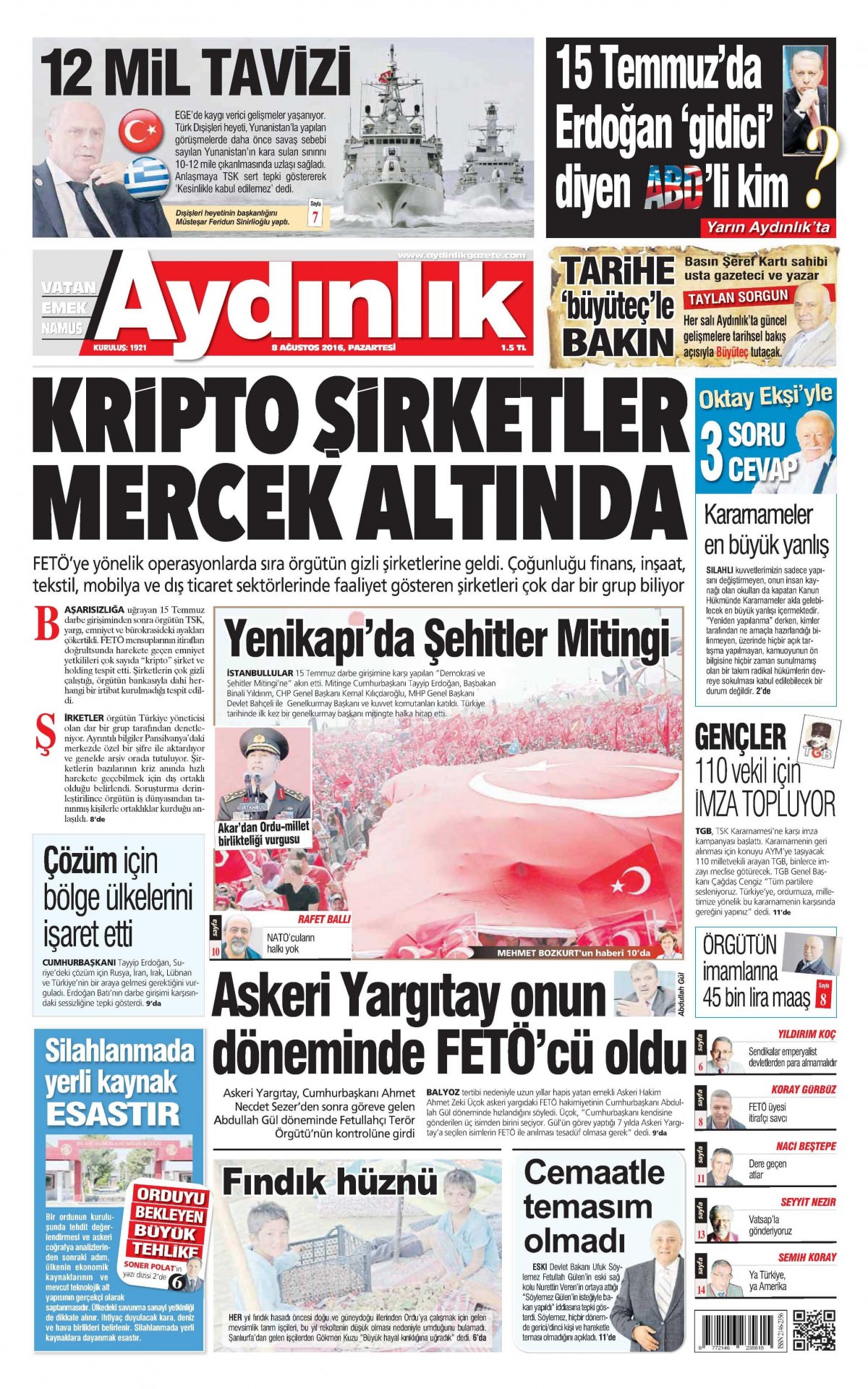 8 Ağustos 2016 gazete manşetleri - 914