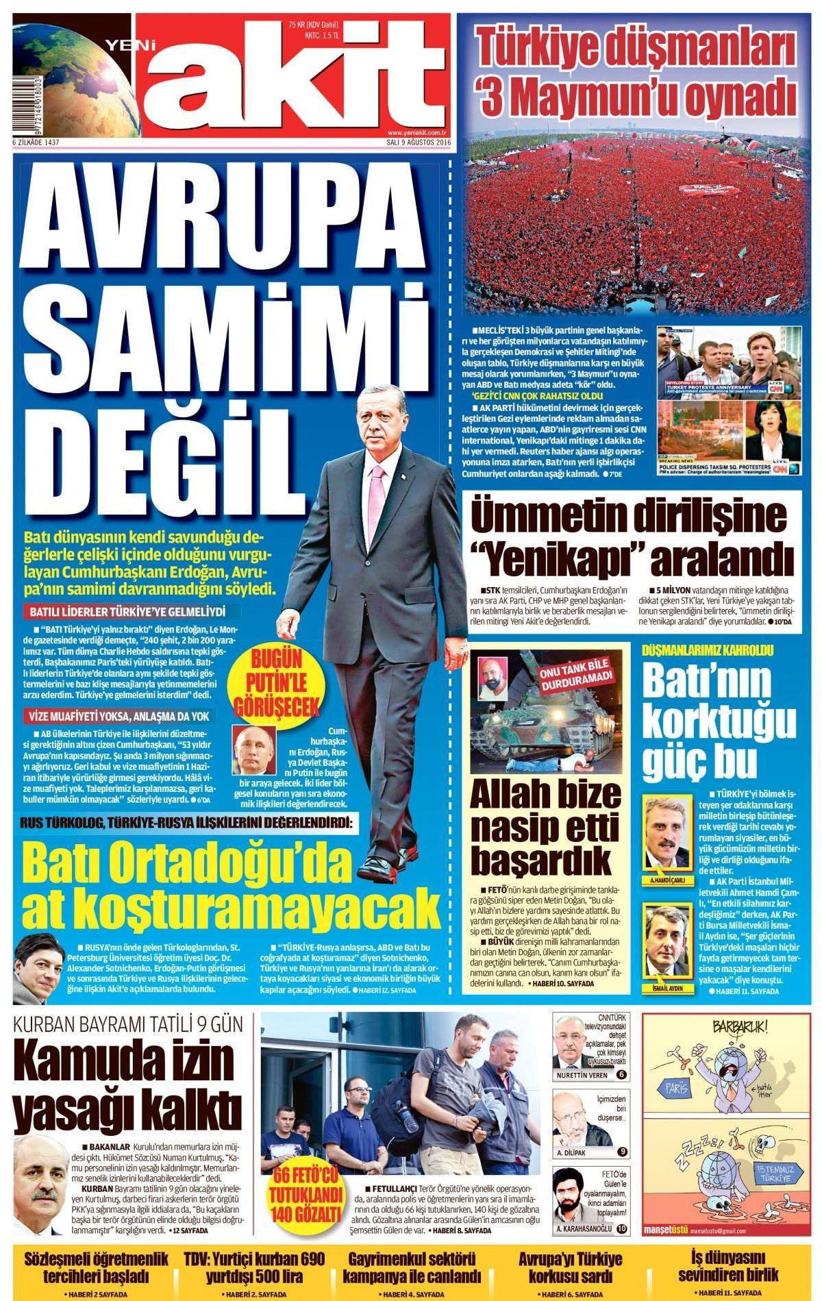 9 Ağustos 2016 gazete manşetleri - 609