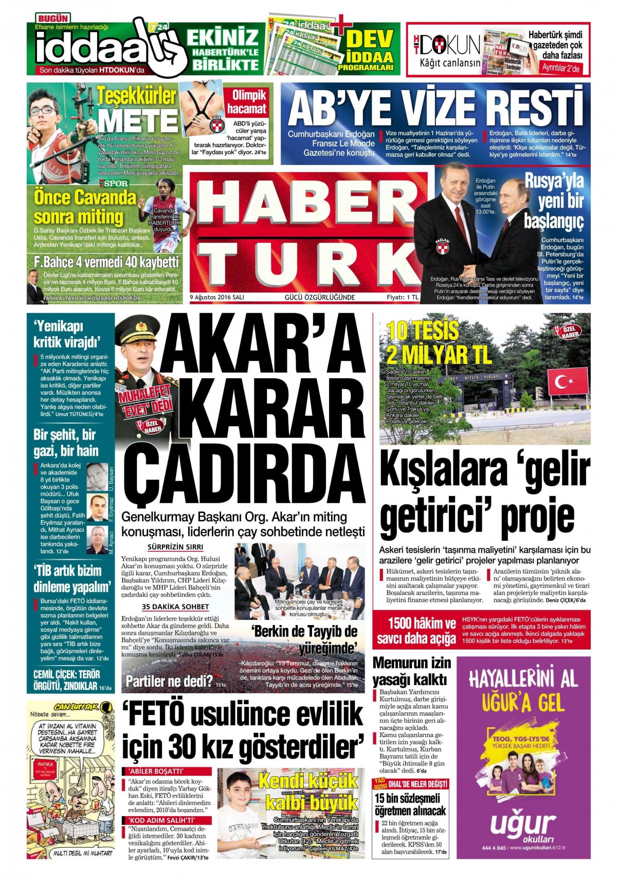 9 Ağustos 2016 gazete manşetleri - 594