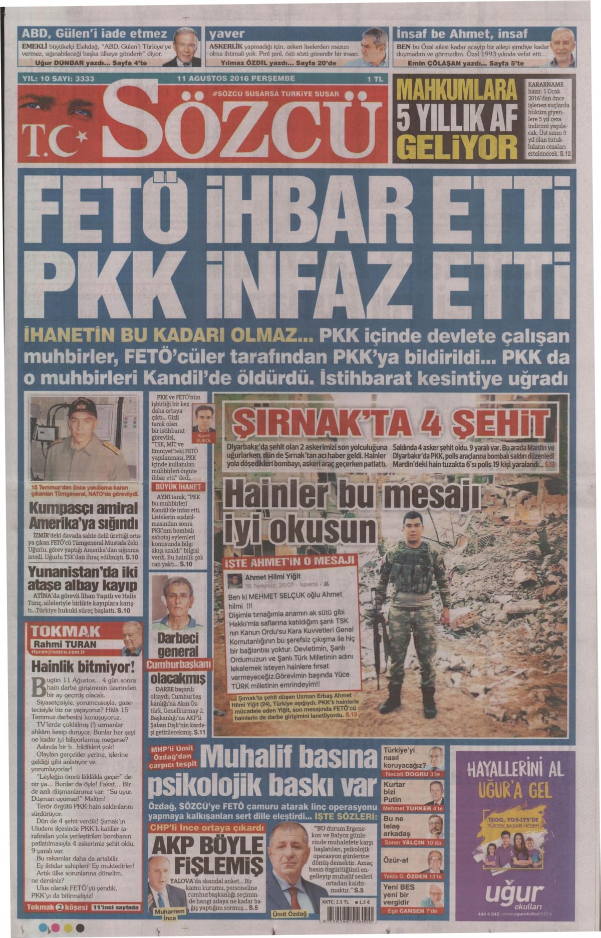 11 Ağustos 2016 gazete manşetleri - 700