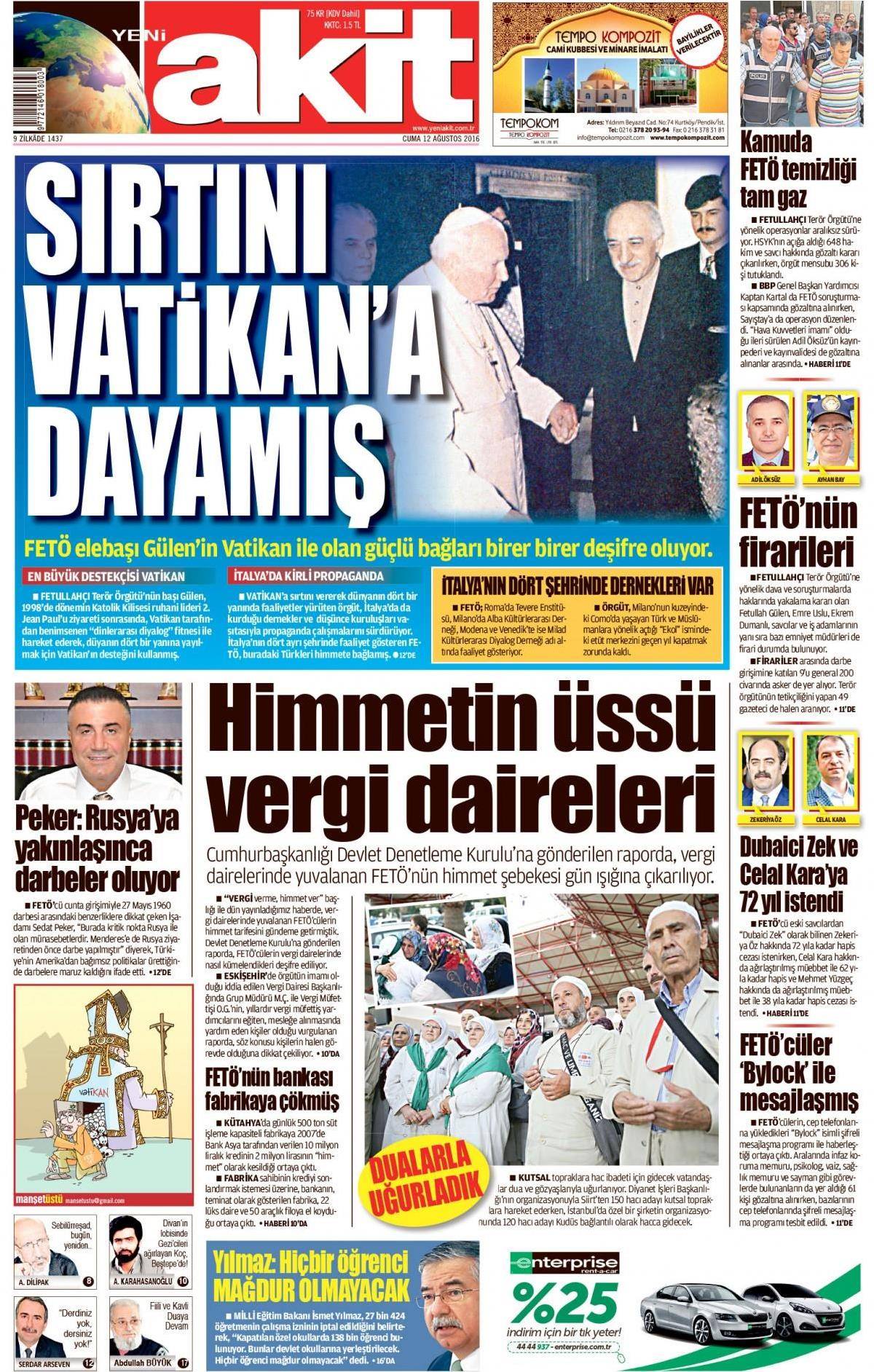 12 Ağustos 2016 gazete manşetleri - 562