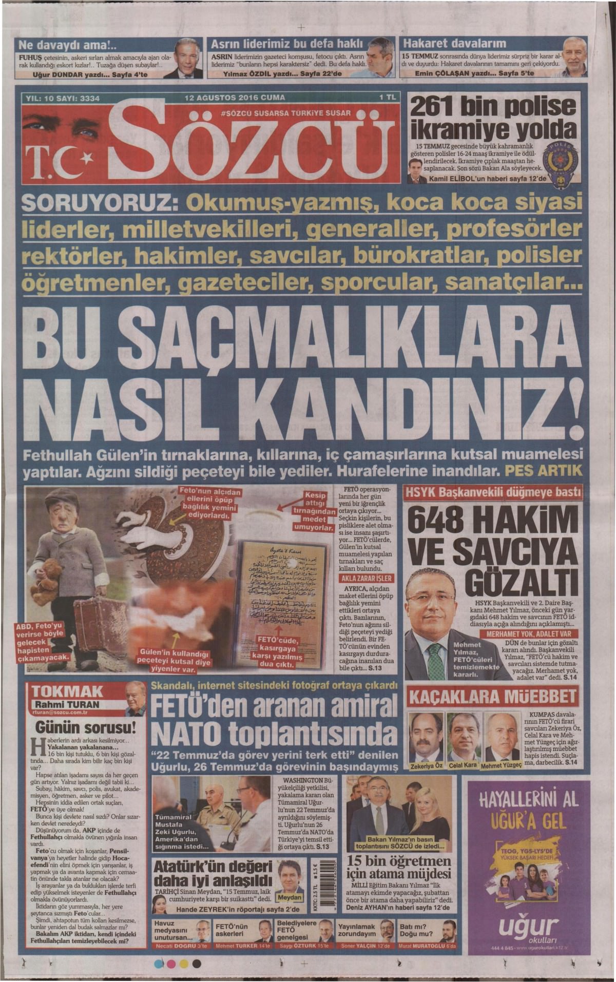 12 Ağustos 2016 gazete manşetleri - 509