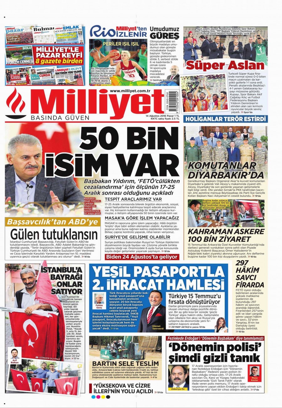 14 Ağustos 2016 gazete manşetleri - 552