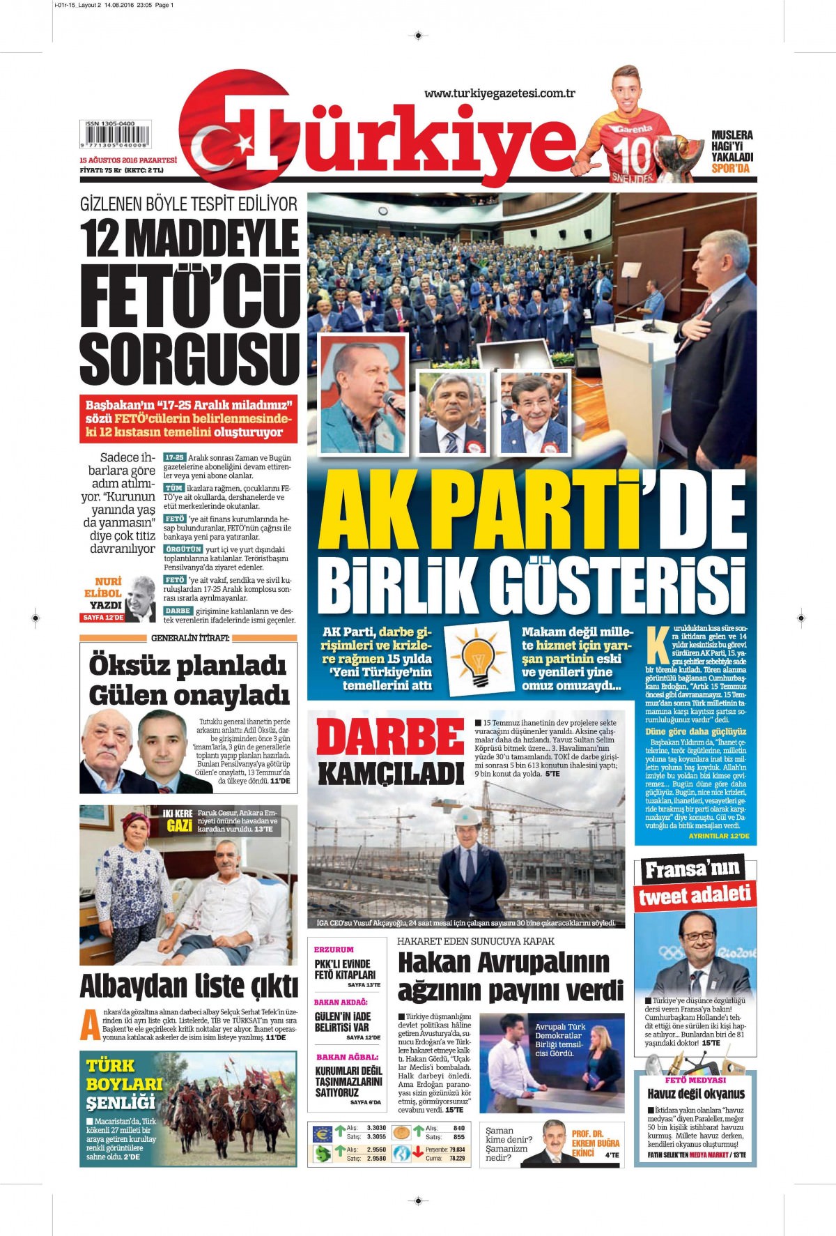 15 Ağustos 2016 gazete manşetleri - 500
