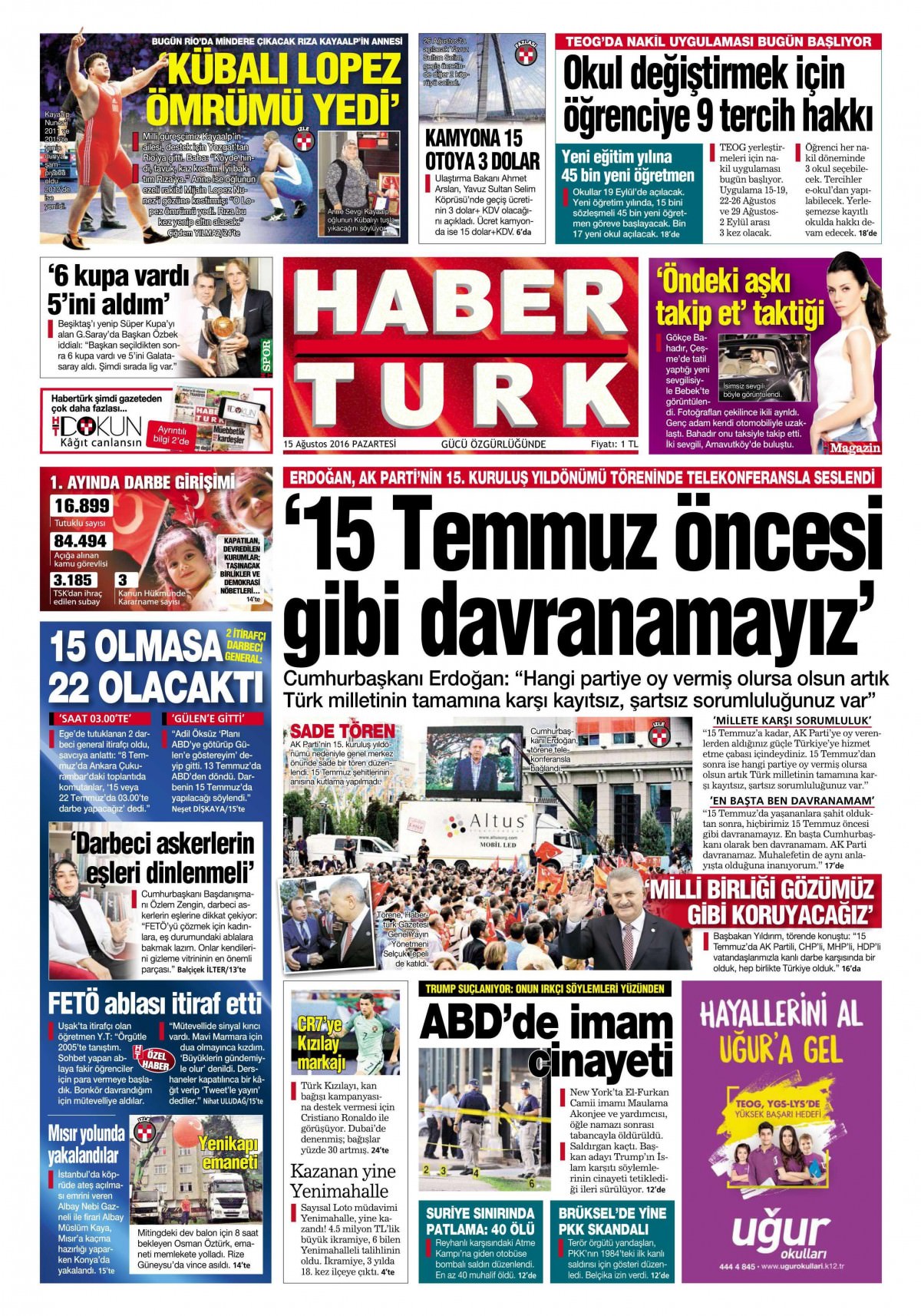 15 Ağustos 2016 gazete manşetleri - 598