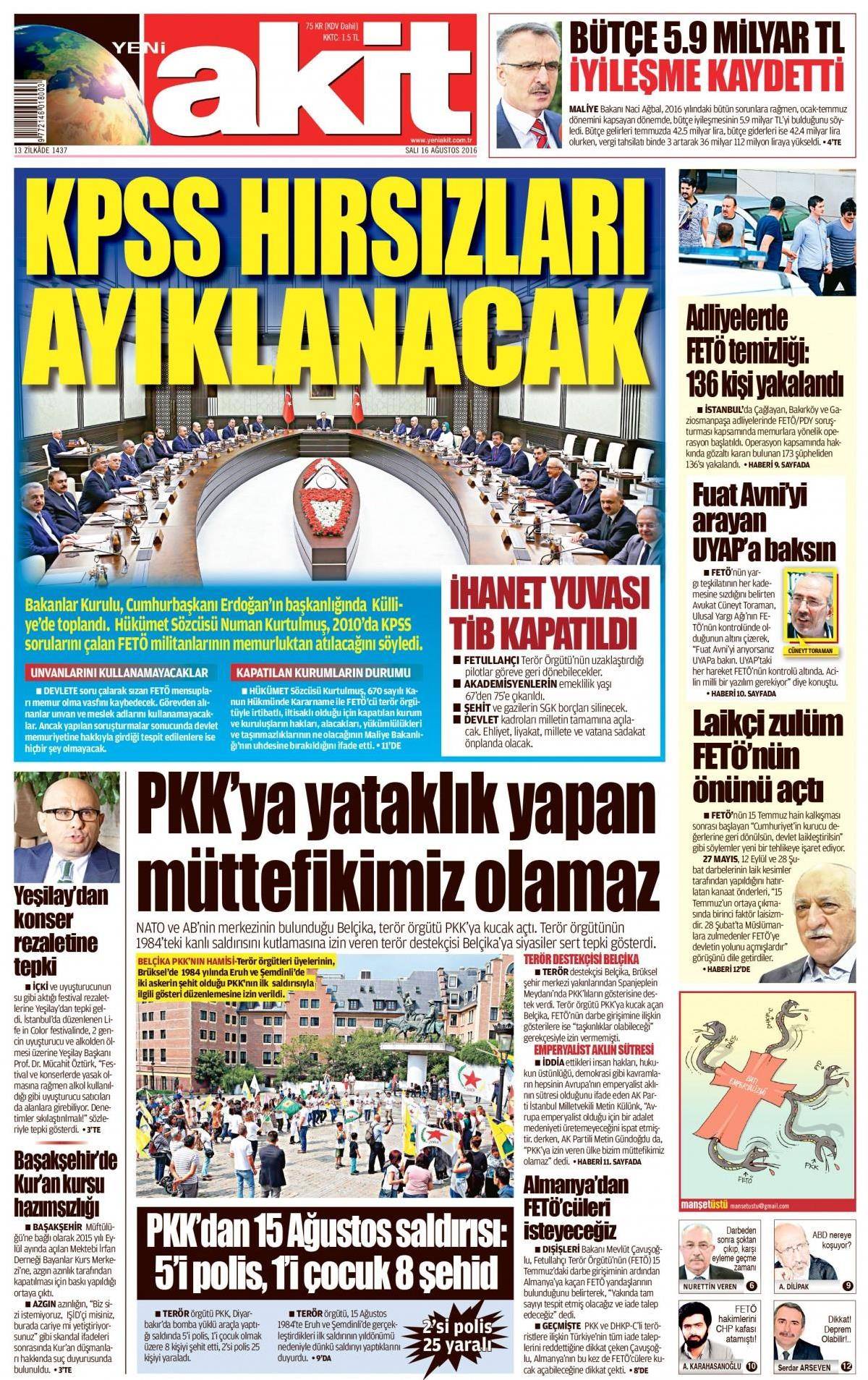 16 Ağustos 2016 gazete manşetleri - 582