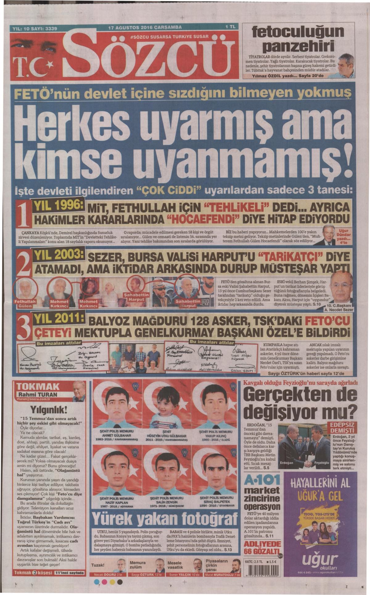 17 Ağustos 2016 gazete manşetleri - 725