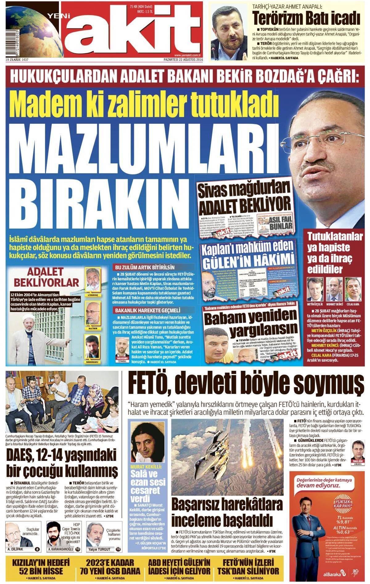 22 Ağustos 2016 gazete manşetleri - 864