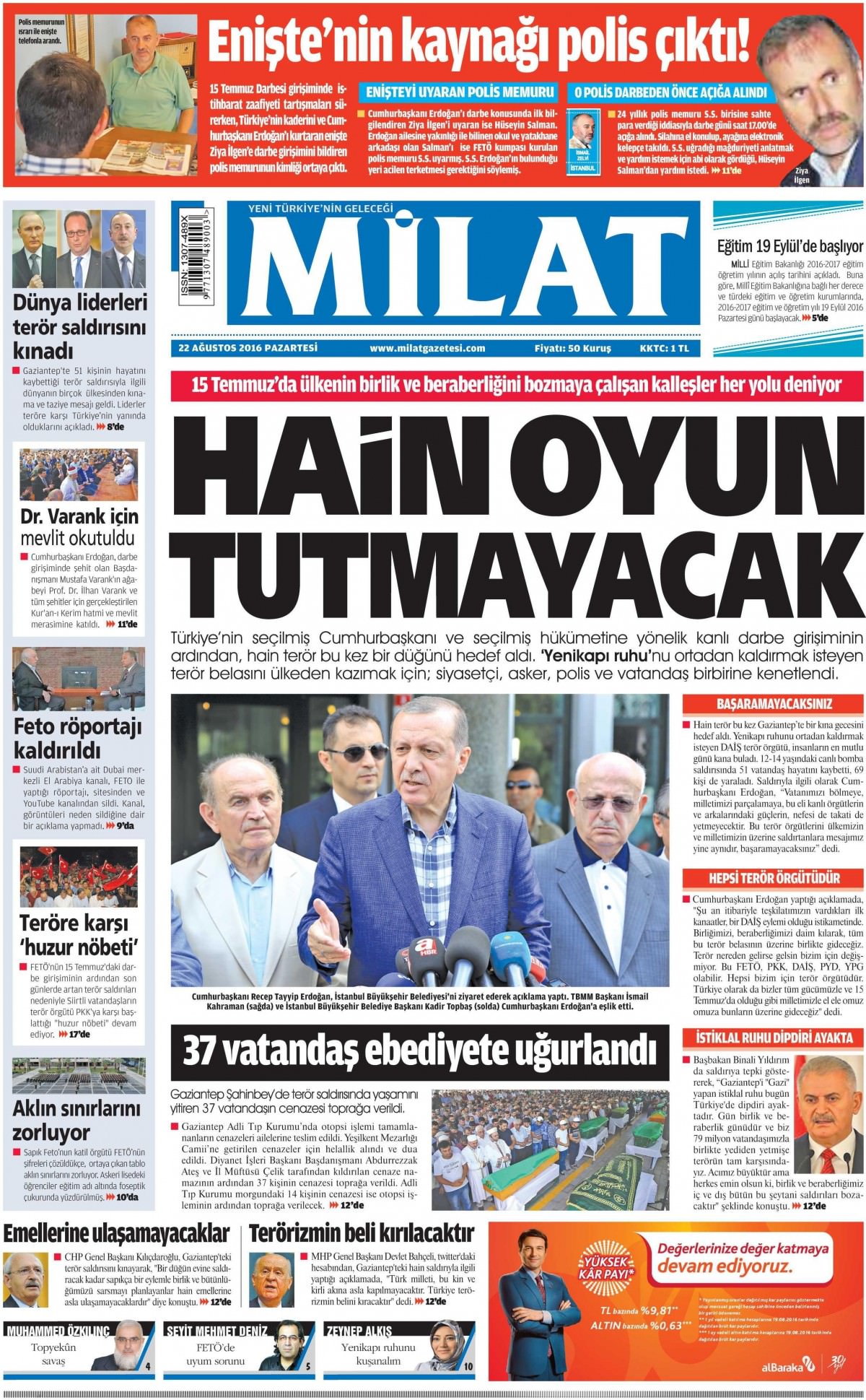 22 Ağustos 2016 gazete manşetleri - 854