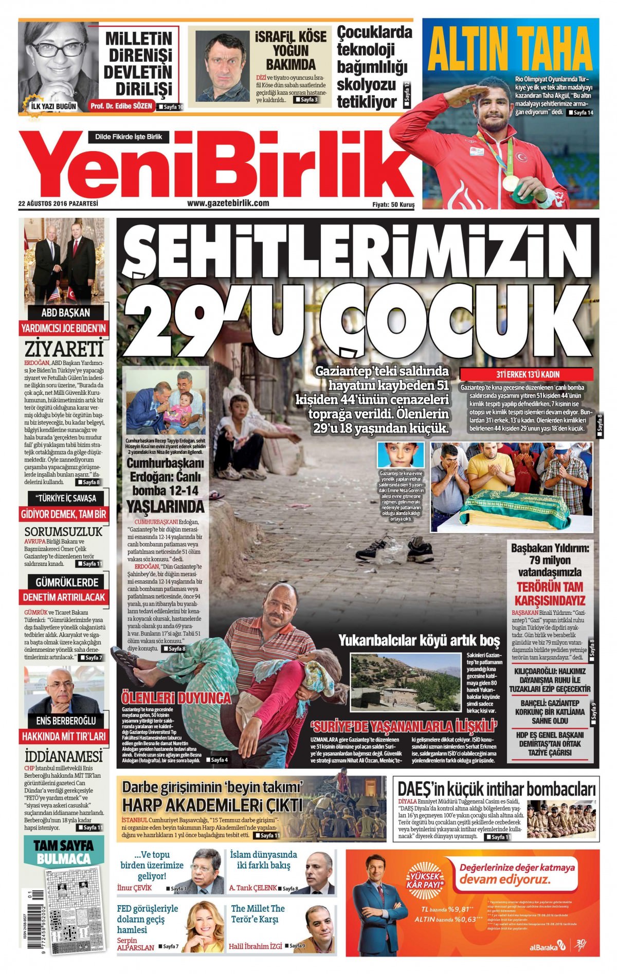 22 Ağustos 2016 gazete manşetleri - 720