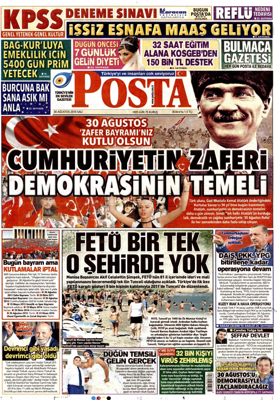 30 Ağustos 2016 gazete manşetleri - 800