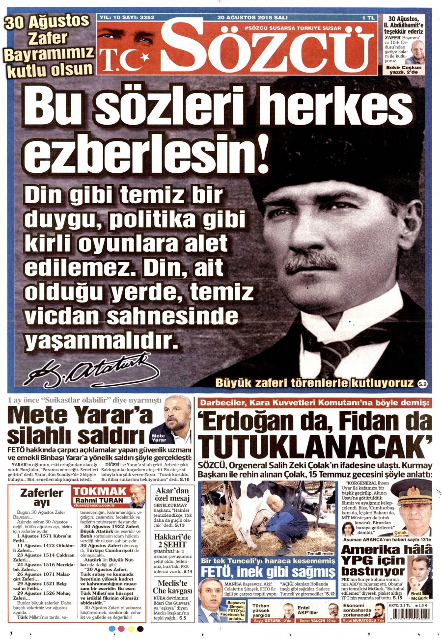30 Ağustos 2016 gazete manşetleri - 943