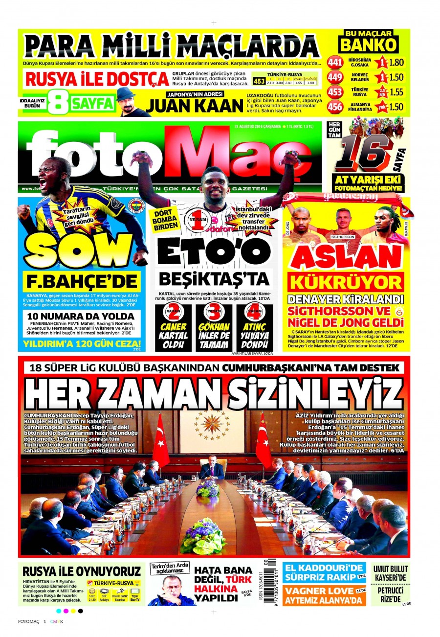 31 Ağustos 2016 gazete manşetleri - 560