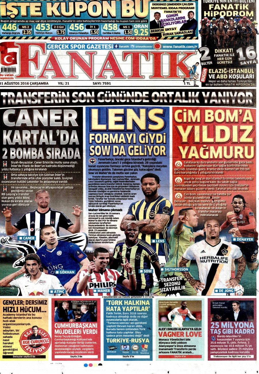 31 Ağustos 2016 gazete manşetleri - 825