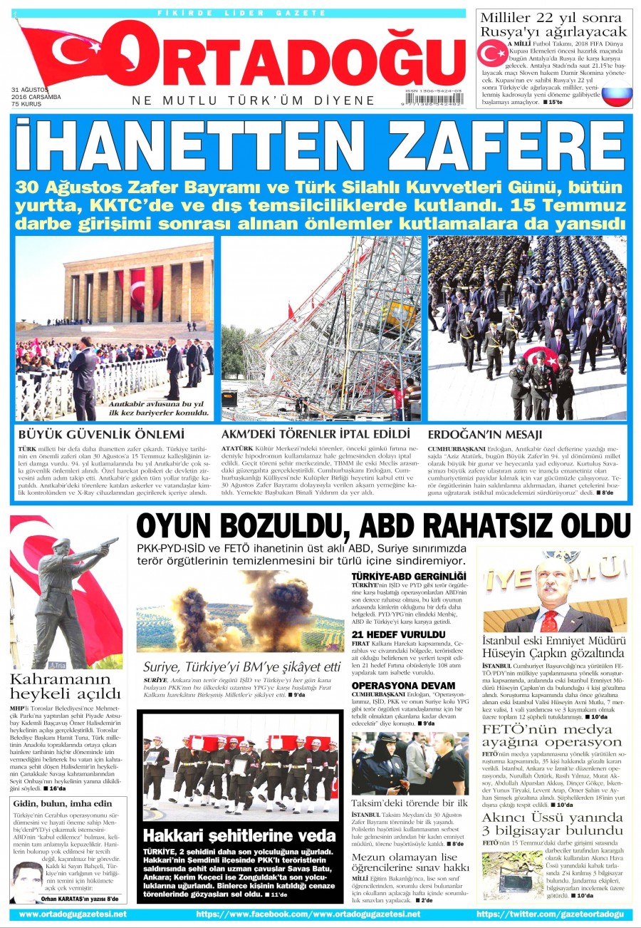 31 Ağustos 2016 gazete manşetleri - 723