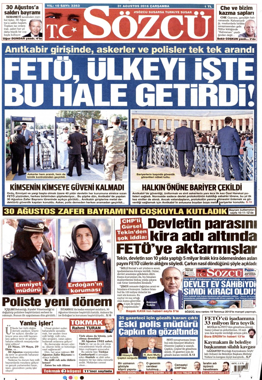 31 Ağustos 2016 gazete manşetleri - 728
