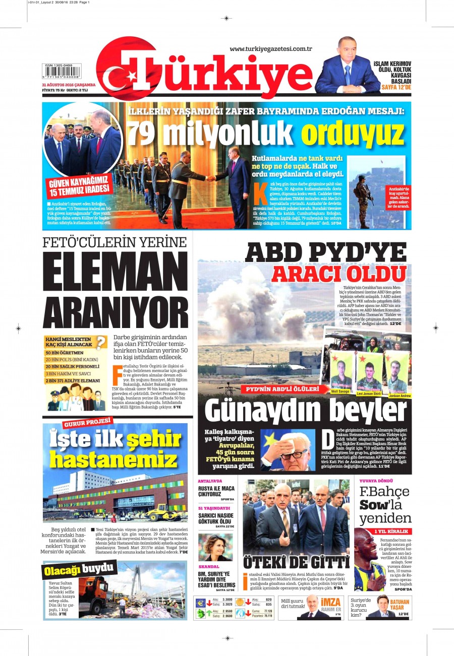 31 Ağustos 2016 gazete manşetleri - 534