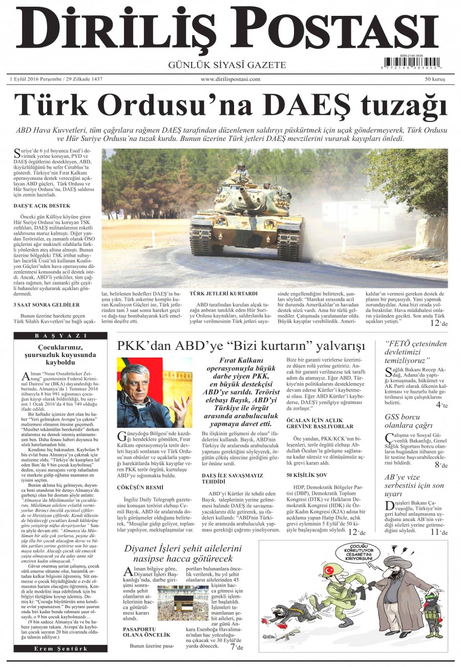 1 Eylül 2016 gazete manşetleri - 697