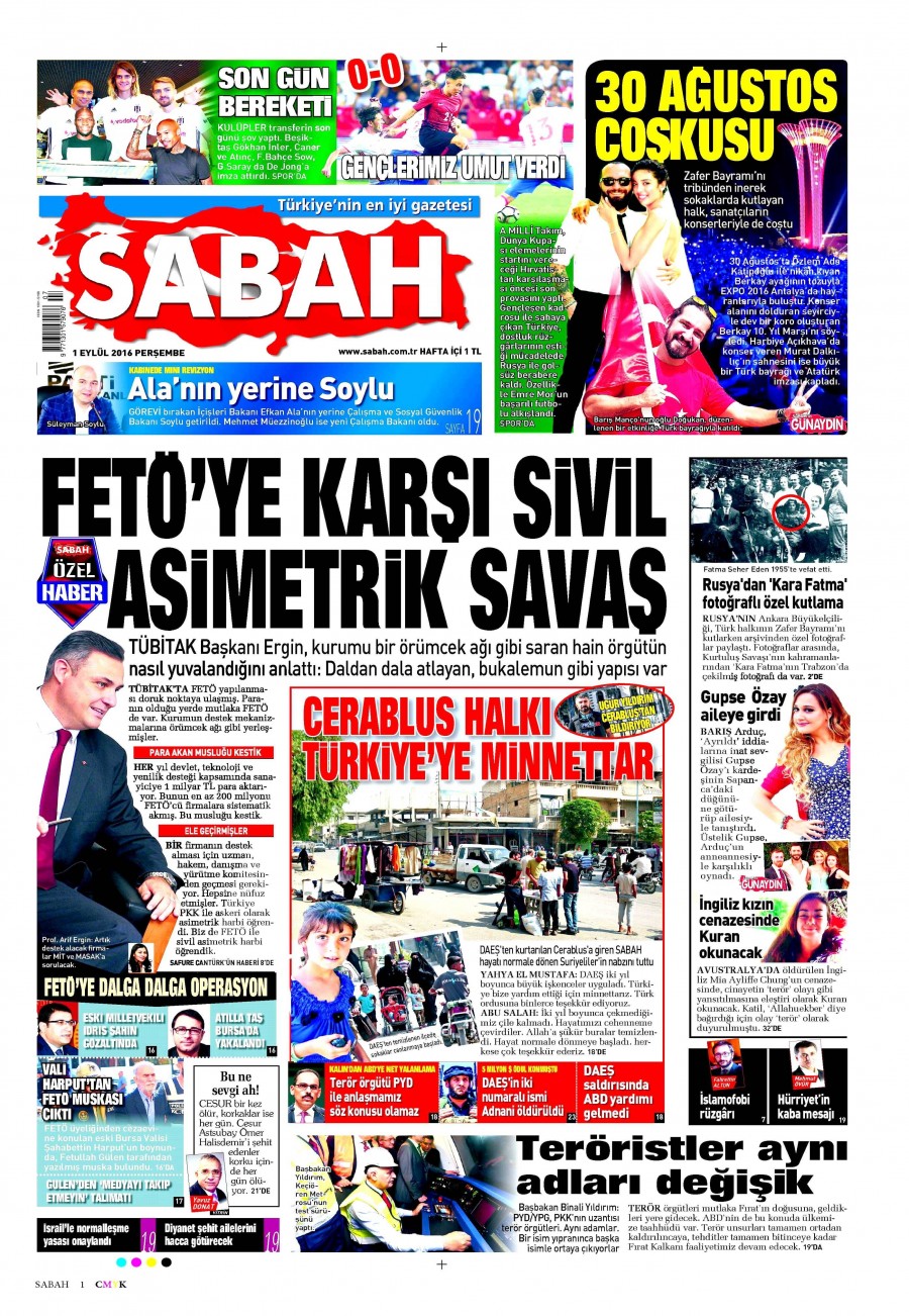 1 Eylül 2016 gazete manşetleri - 681