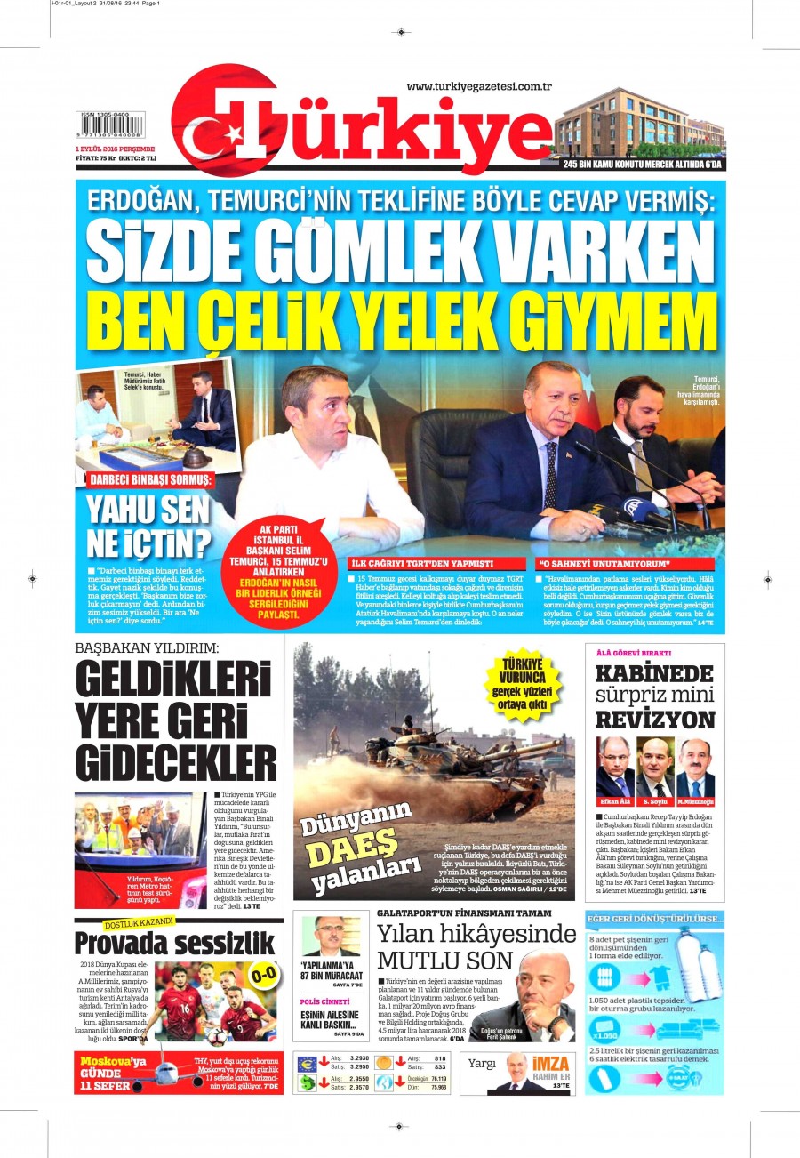 1 Eylül 2016 gazete manşetleri - 911
