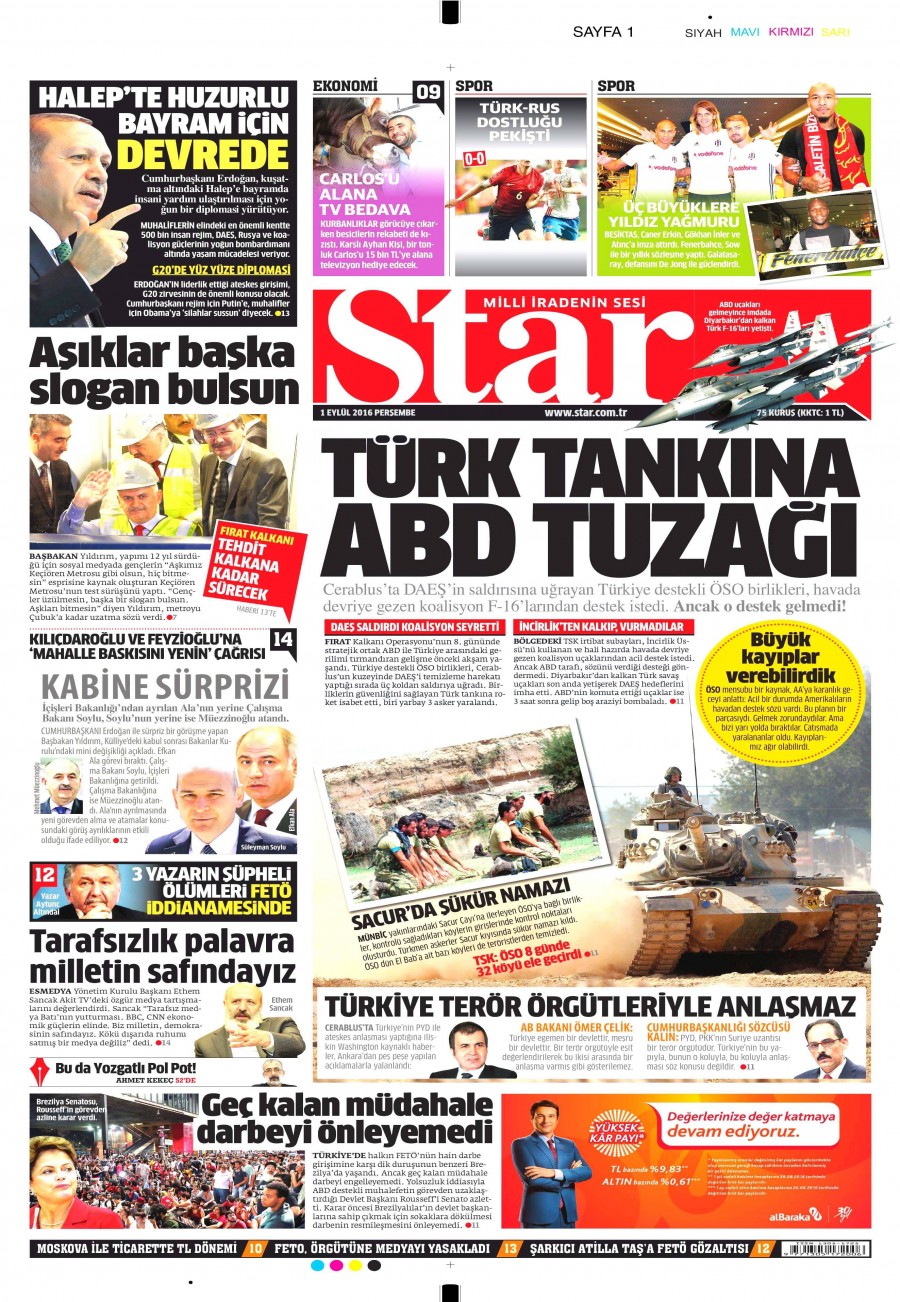 1 Eylül 2016 gazete manşetleri - 827