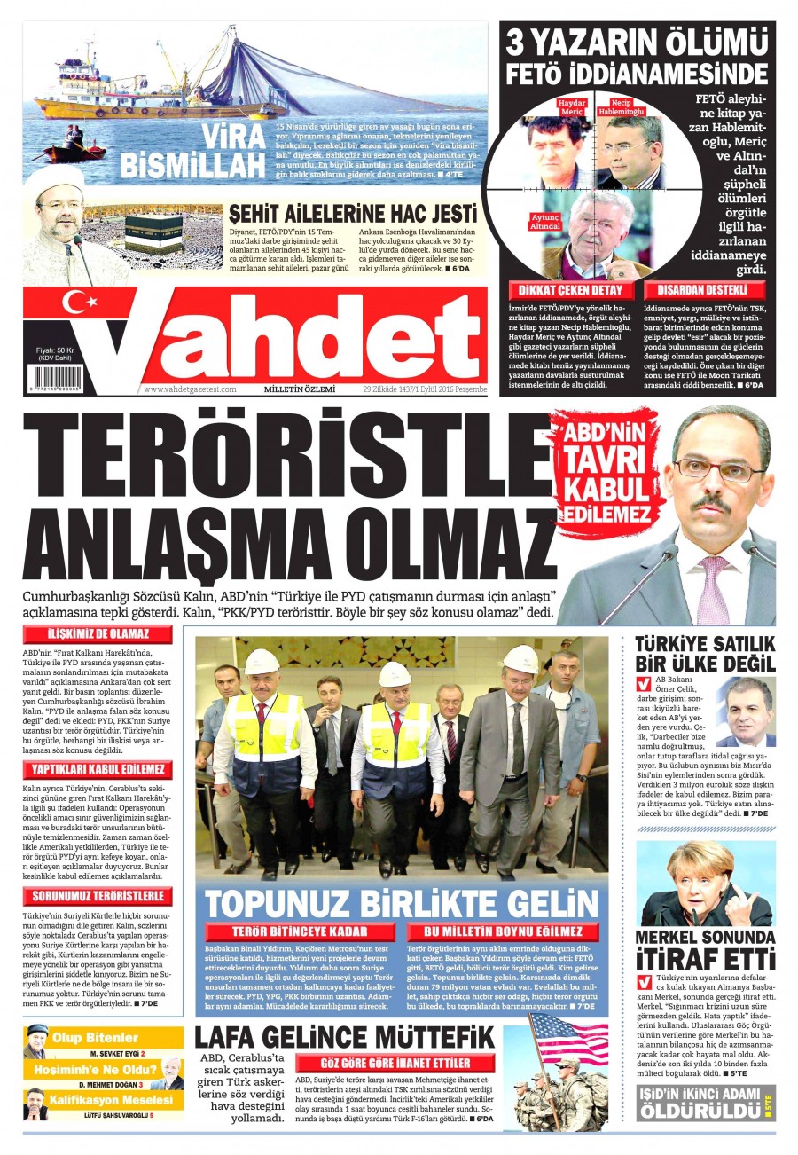 1 Eylül 2016 gazete manşetleri - 542