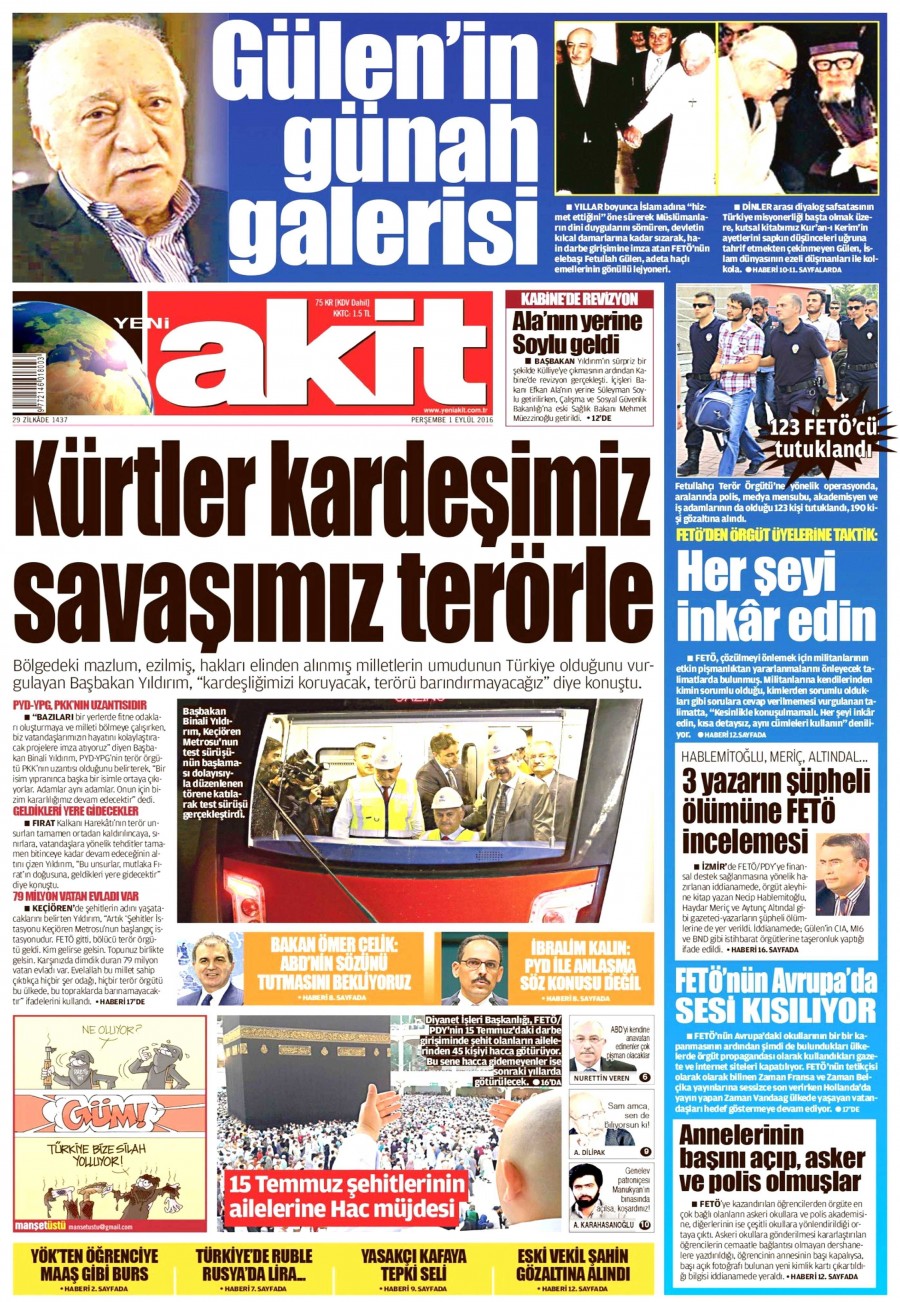 1 Eylül 2016 gazete manşetleri - 843