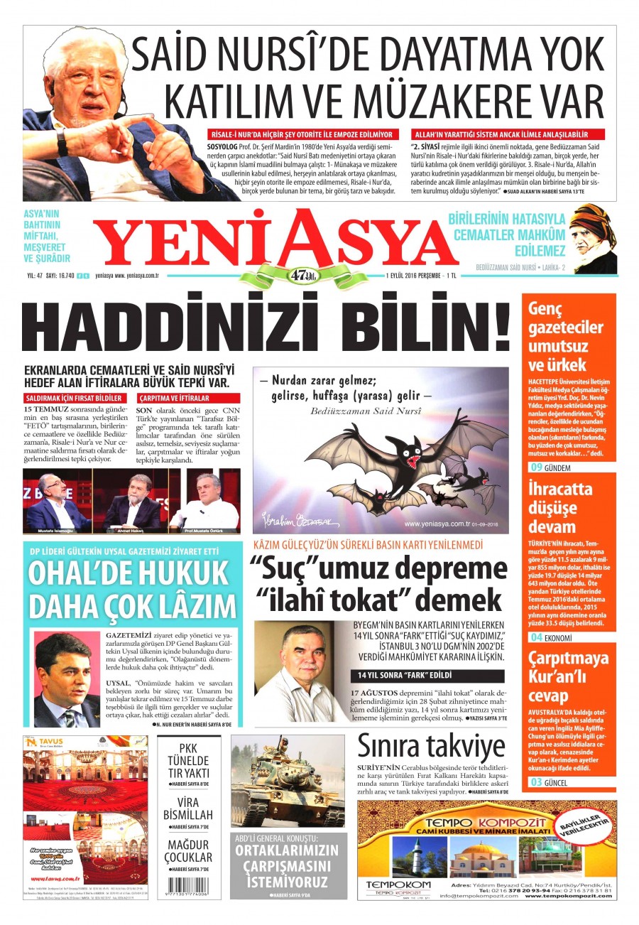 1 Eylül 2016 gazete manşetleri - 533