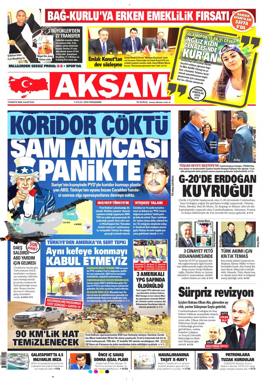 1 Eylül 2016 gazete manşetleri - 585