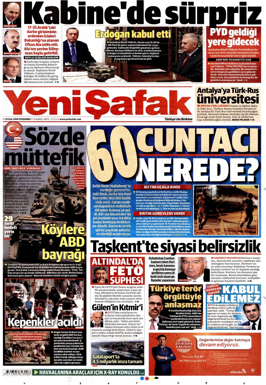 1 Eylül 2016 gazete manşetleri - 936