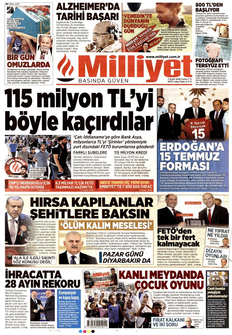 2 Eylül 2016 gazete manşetleri - 857