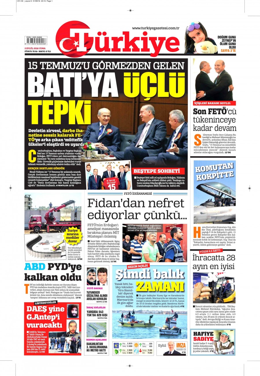 2 Eylül 2016 gazete manşetleri - 787