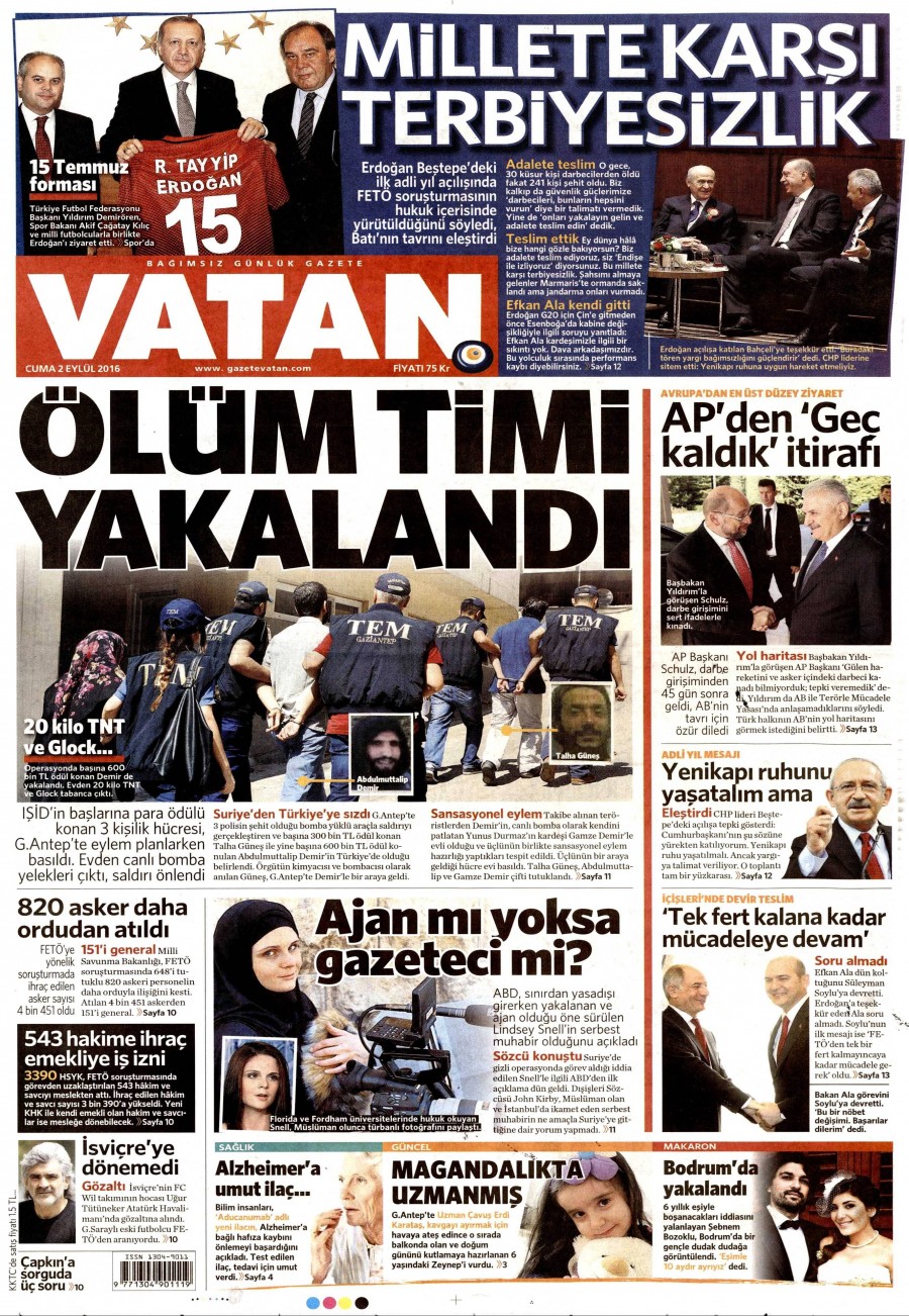2 Eylül 2016 gazete manşetleri - 737