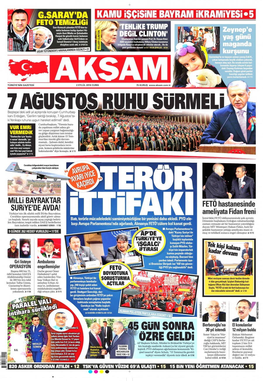 2 Eylül 2016 gazete manşetleri - 865