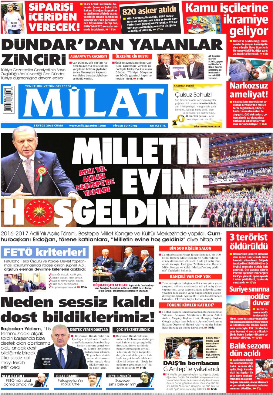 2 Eylül 2016 gazete manşetleri - 890