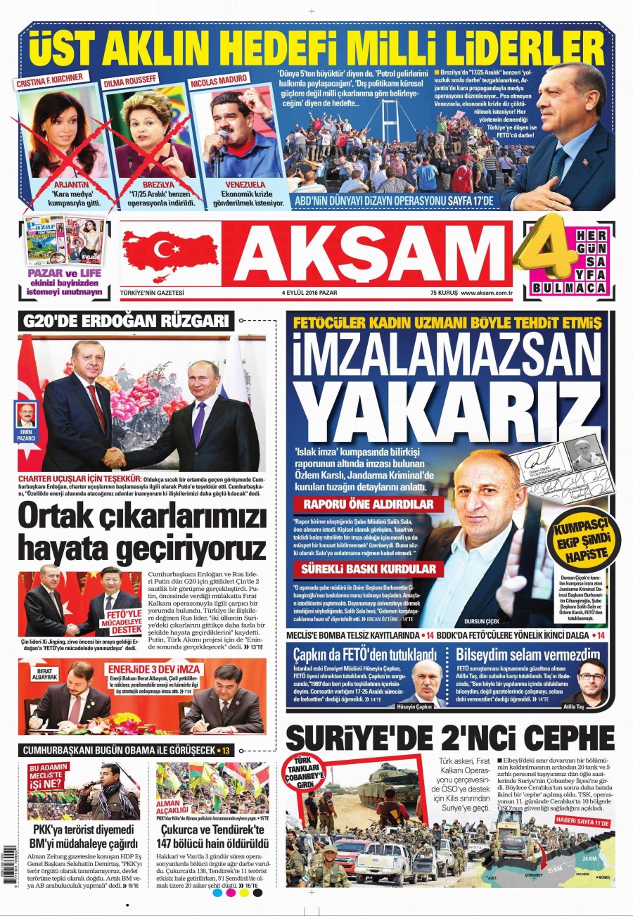 4 Eylül 2016 gazete manşetleri - 531