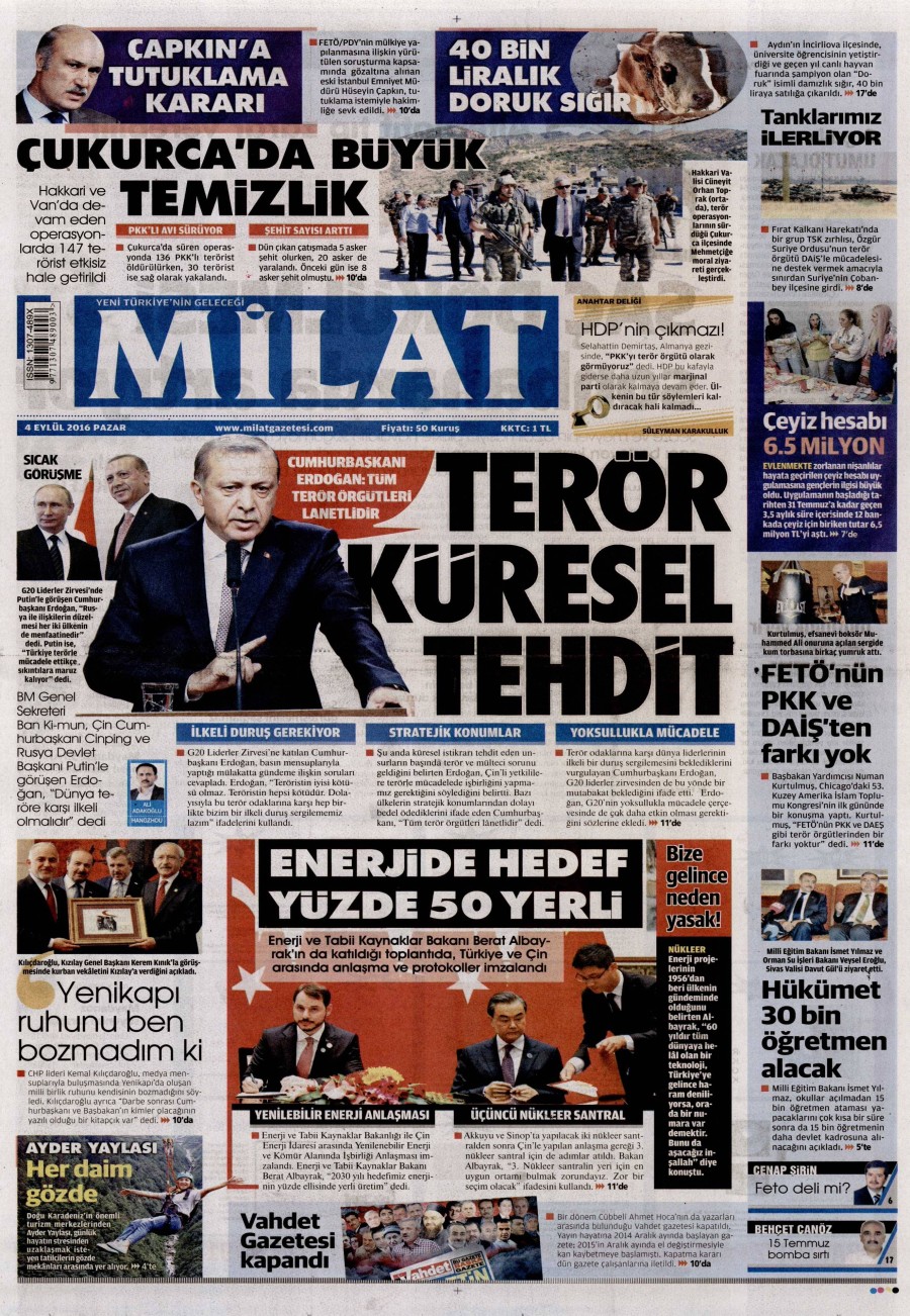4 Eylül 2016 gazete manşetleri - 810
