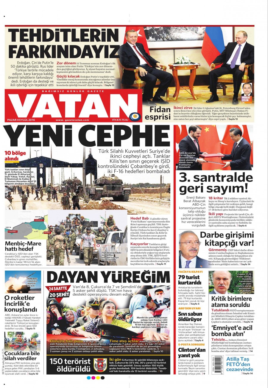 4 Eylül 2016 gazete manşetleri - 709