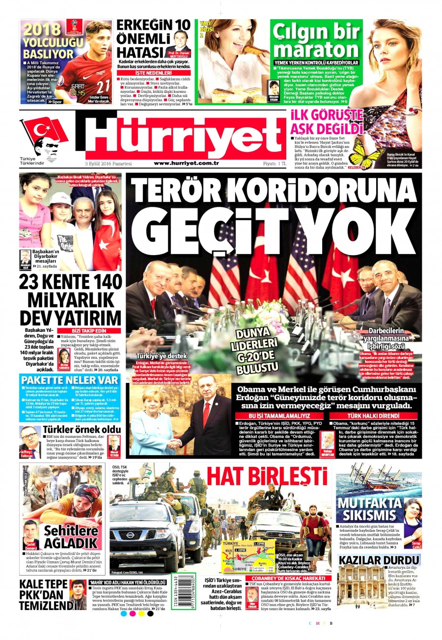 5 Eylül 2016 gazete manşetleri - 892