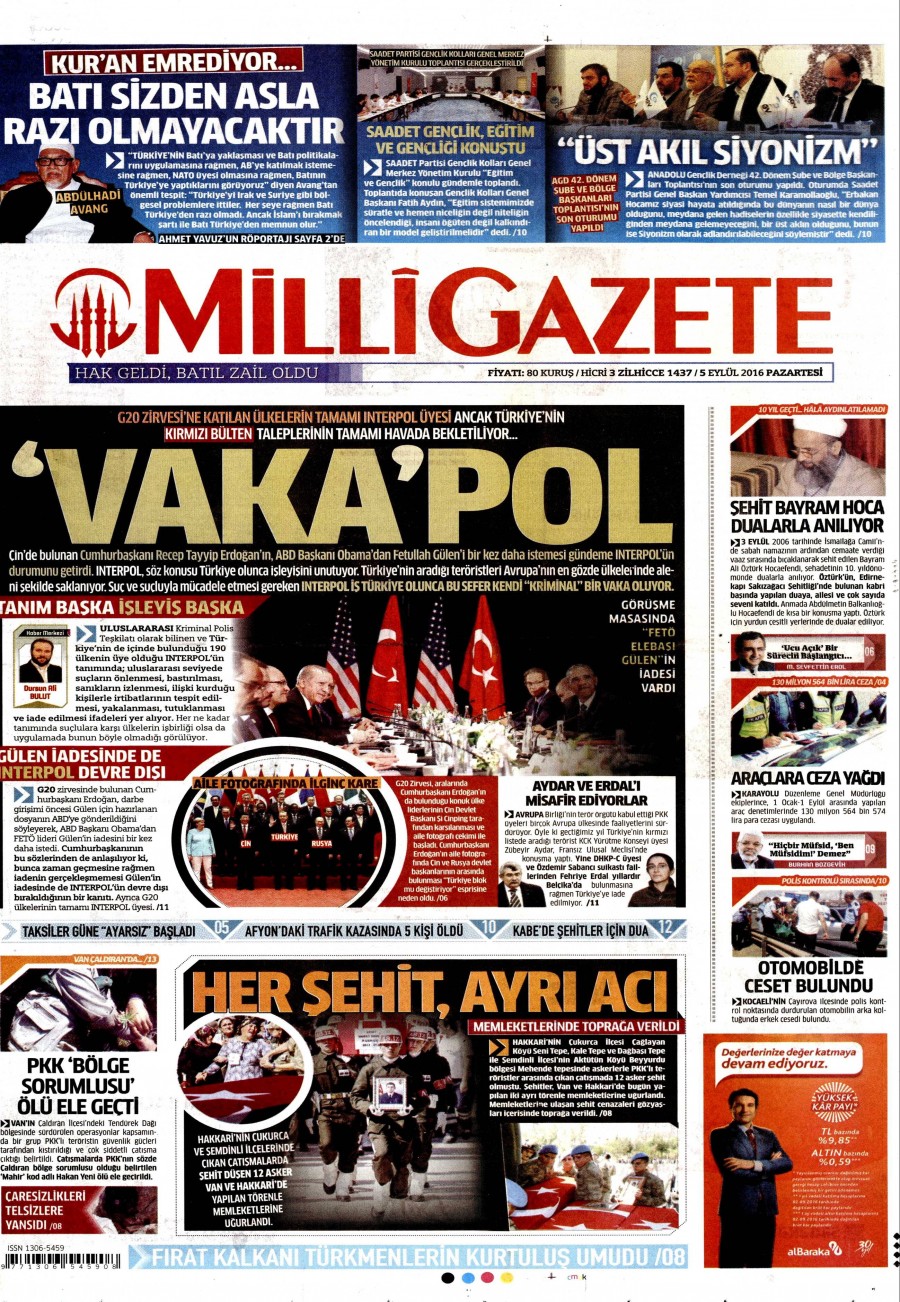 5 Eylül 2016 gazete manşetleri - 891