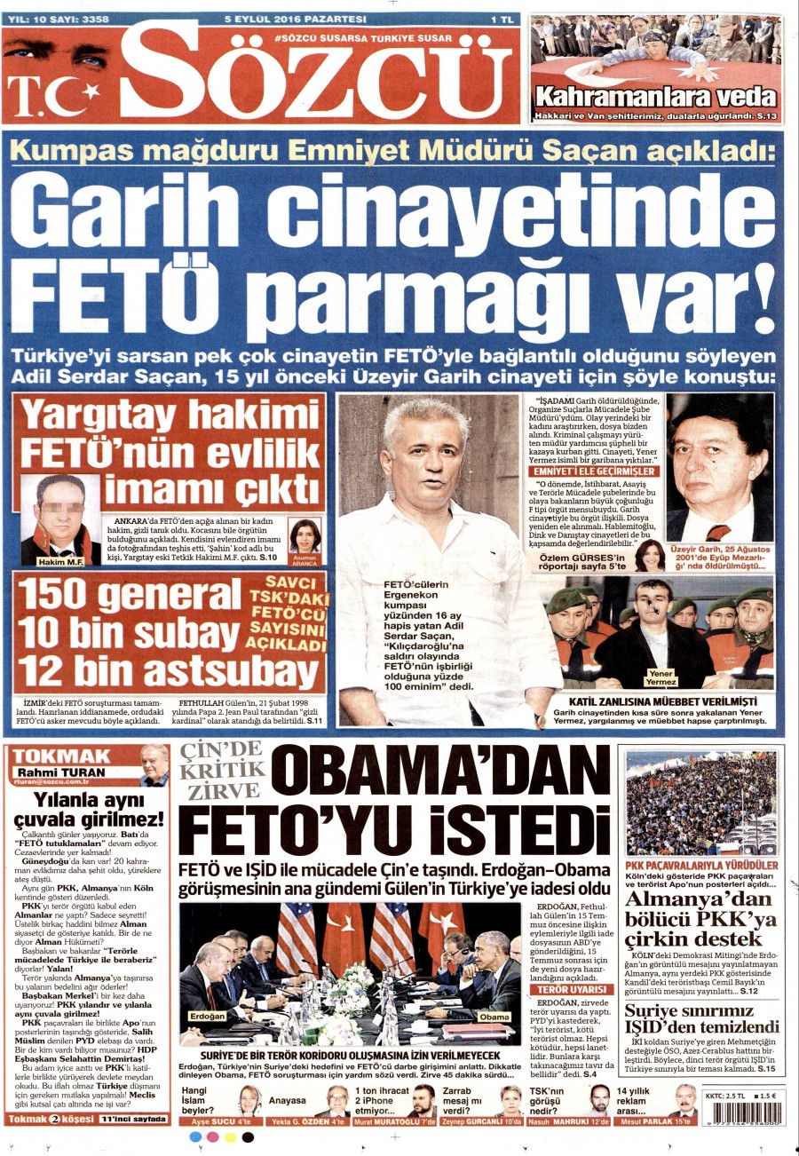 5 Eylül 2016 gazete manşetleri - 706